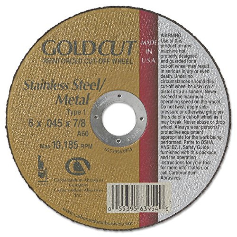 Cut Off Type 1 (Flat) 6 X .045 X 7/8 Gold Cut for Steel & Stainless Steel Carborundum 63954