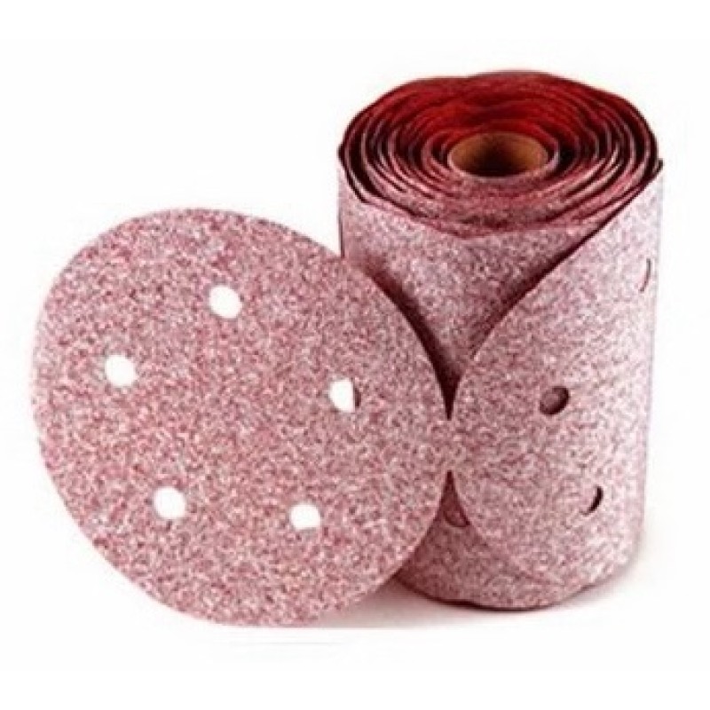 Sanding Disc 5" Diameter 5 Hole Pattern PSA Sticky Back Premier Red Aluminum Oxide 120 Grit Roll of 100 Carborundum 15293