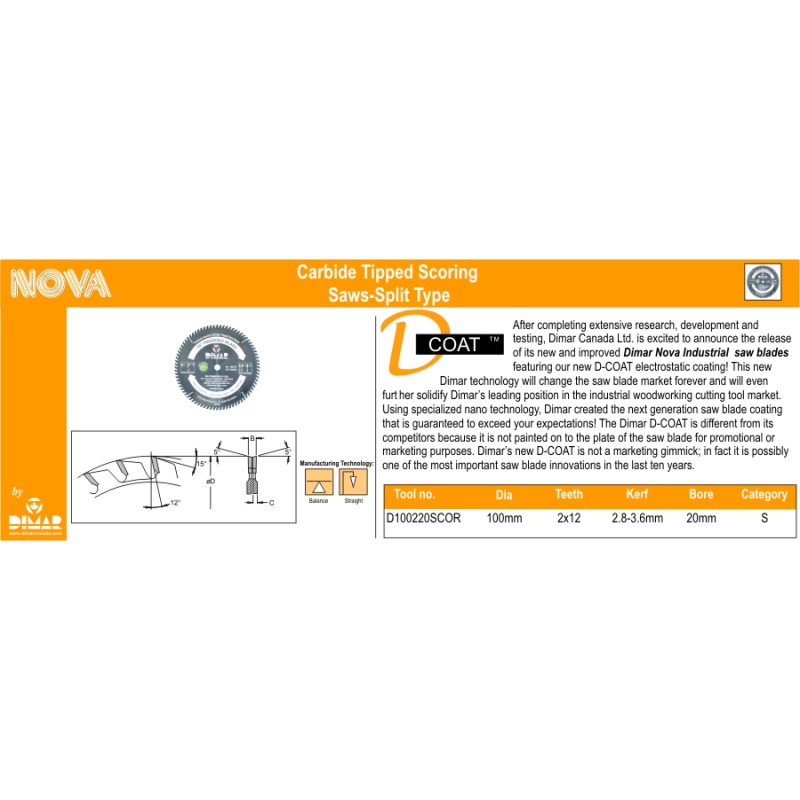 D-coat100mm-20mm C/t Scoring Saw 2.8-3.6 Kerf Dimar D100220SCOR