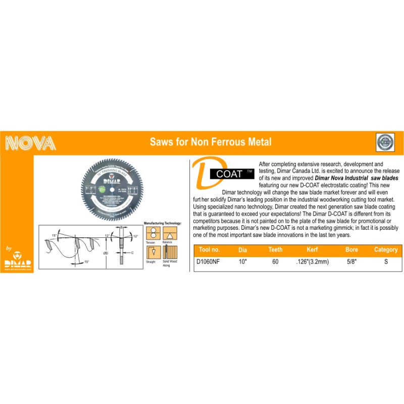 Dimar D-Coat 10" x 60 Tooth TCG Non-Ferrous 5/8" bore