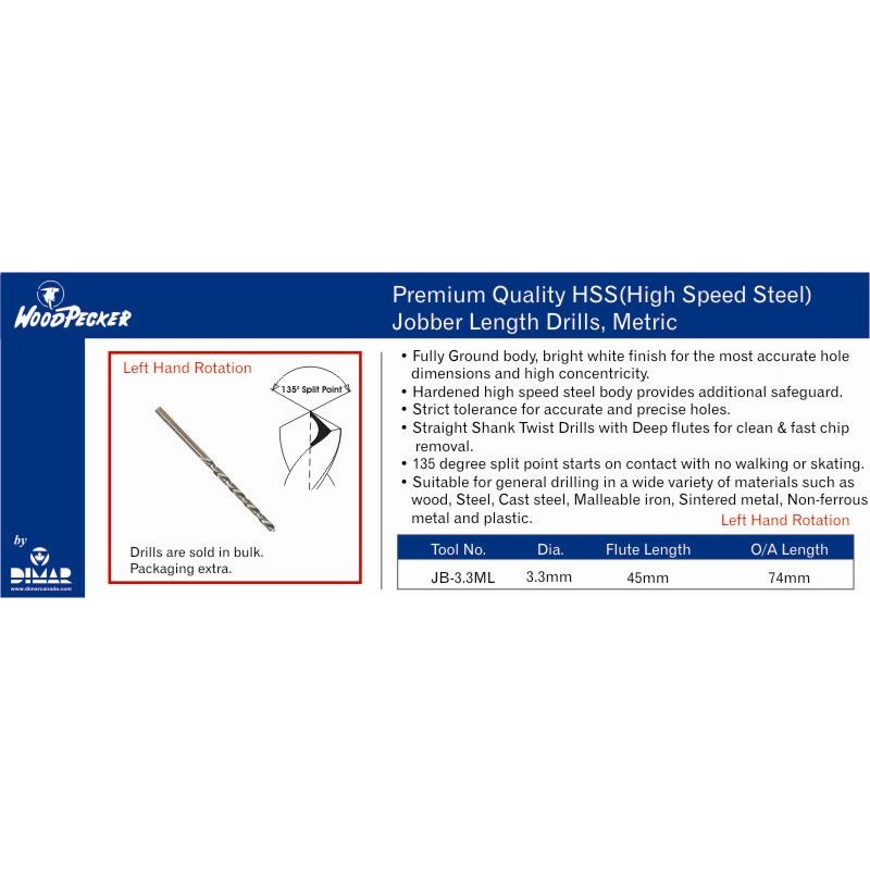 Hss Jobber Drill 3.3mm, Left Hand Dimar JB-3.3ML