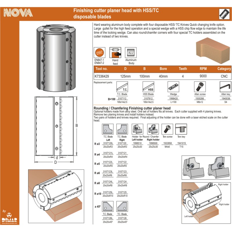 Finishing Cutter D=125, B=100, Bore=40 Dimar K7336429