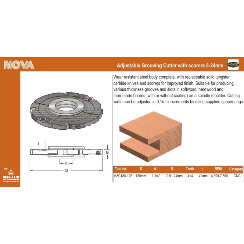 Insert Adj. Groover, 180mm X 12.5-24mm Dimar K8C180-12B