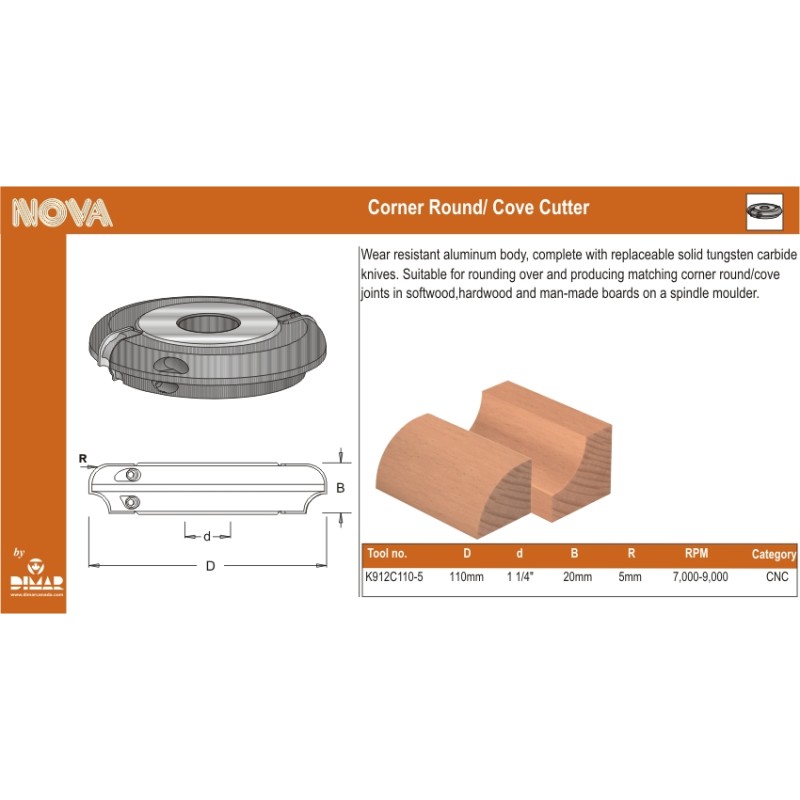 Insert Round/cove Cutter, 5mm Radius Dimar K912C110-5