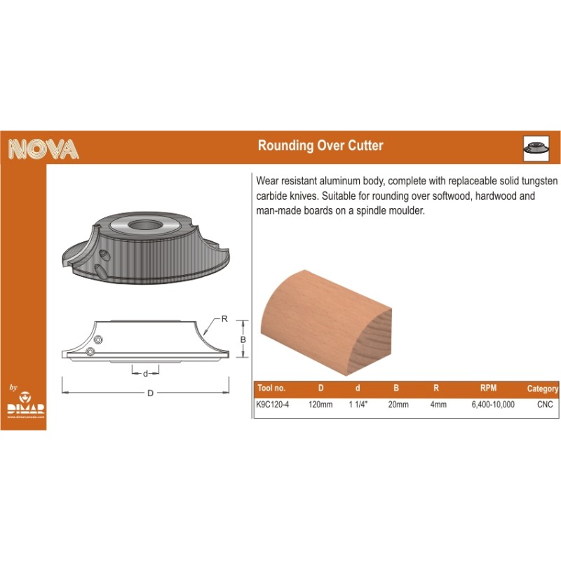 Insert Round Over Cutter, 120x4 Radius Dimar K9C120-4