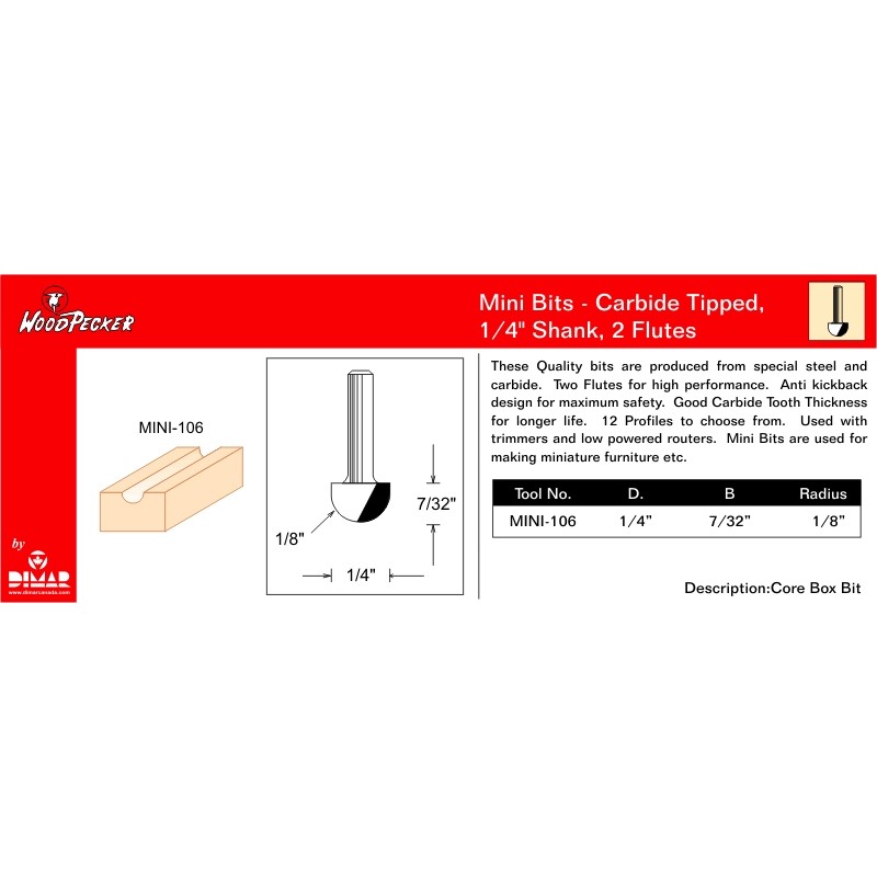 Mini Core Box Bit 1/8 Radius Dimar MINI-106