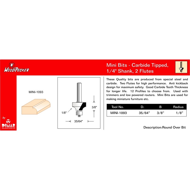 Mini Round Over Bit 1/8" Radius Dimar MINI-1093