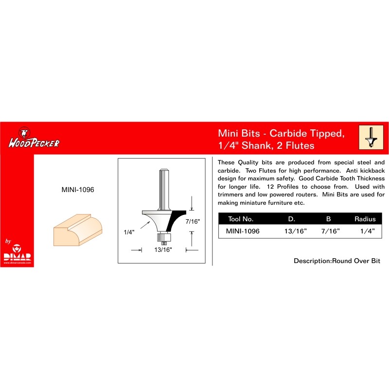 Mini Round Over Bit 1/4" Radius Dimar MINI-1096