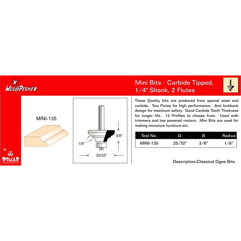Mini Classical Ogee Bit 1/8" Radius Dimar MINI-135