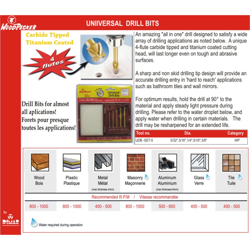 Universal Drill Bits 5 Pc Set, 4 Flute Dimar UDB-SET-5