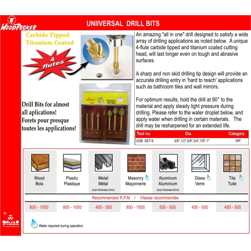 Universal Drill Bits 6 Pc Set, 4 Flt Dimar UDB-SET-6