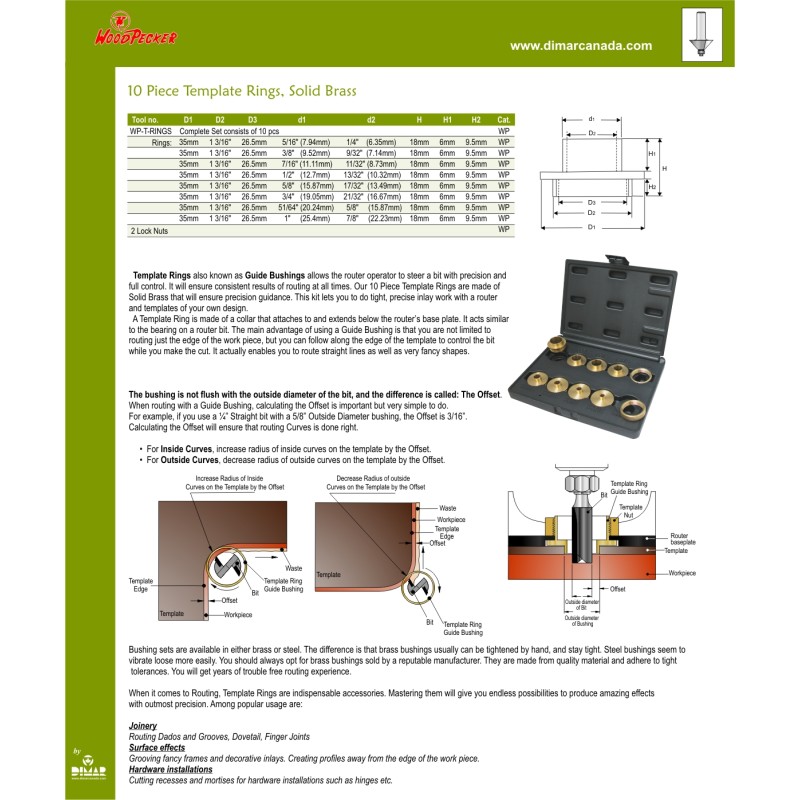 Wp 10 Pc Template Rings, Solid Brass Dimar WP-T-RINGS
