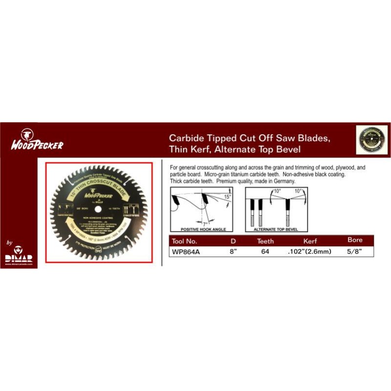 Woodpecker 8" X 64t Thin Kerf Atb Dimar WP864A