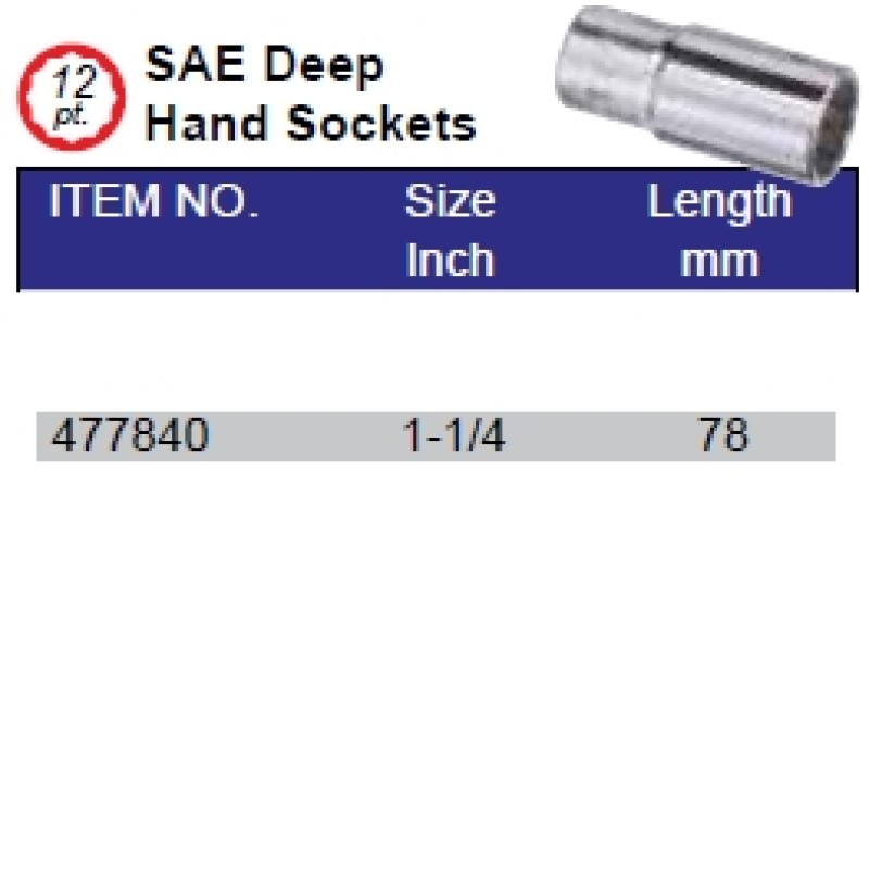 1/2"dr 1-1/4" Deep Hand Socket 12pt