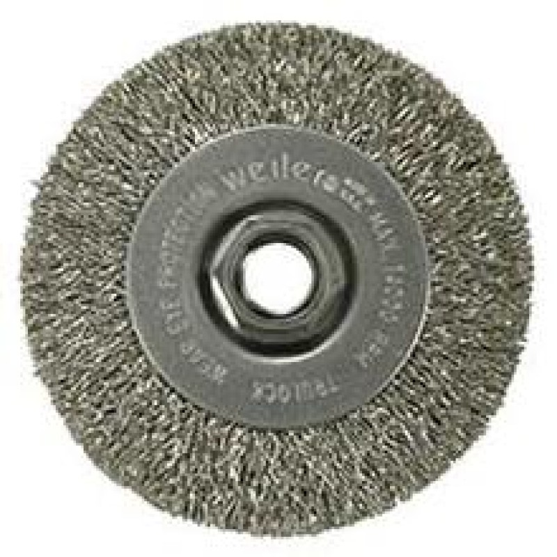 Wire Wheel 4" Diameter x 1/2" Wide with 5/8-11 Arbour Hole .014" Gauge Narrow Face Crimped (Stainless Steel)