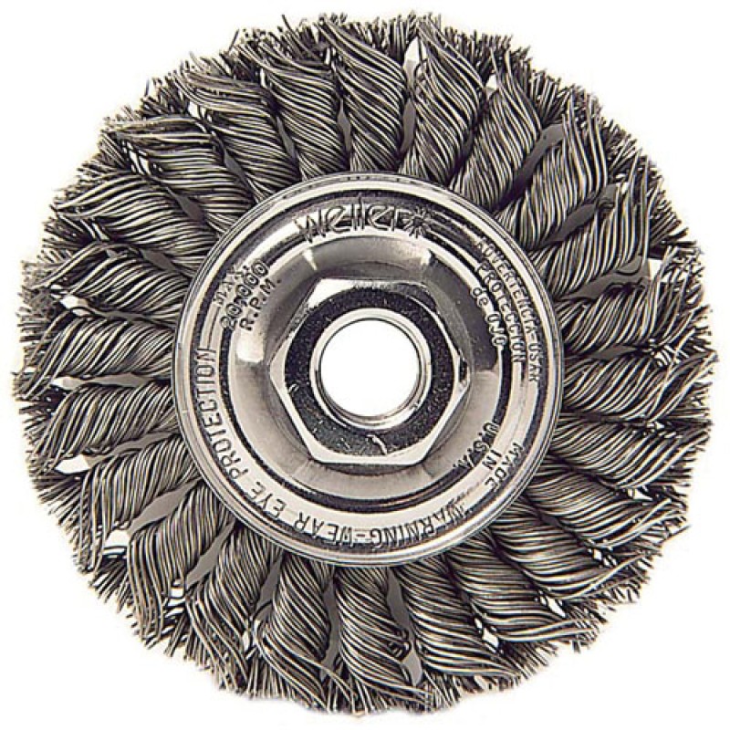 Wire Wheel 4" Diameter x 1/2" Wide with 5/8-11 Arbour Hole .014 Gauge Standard Twist Knotted (Stainless Steel)