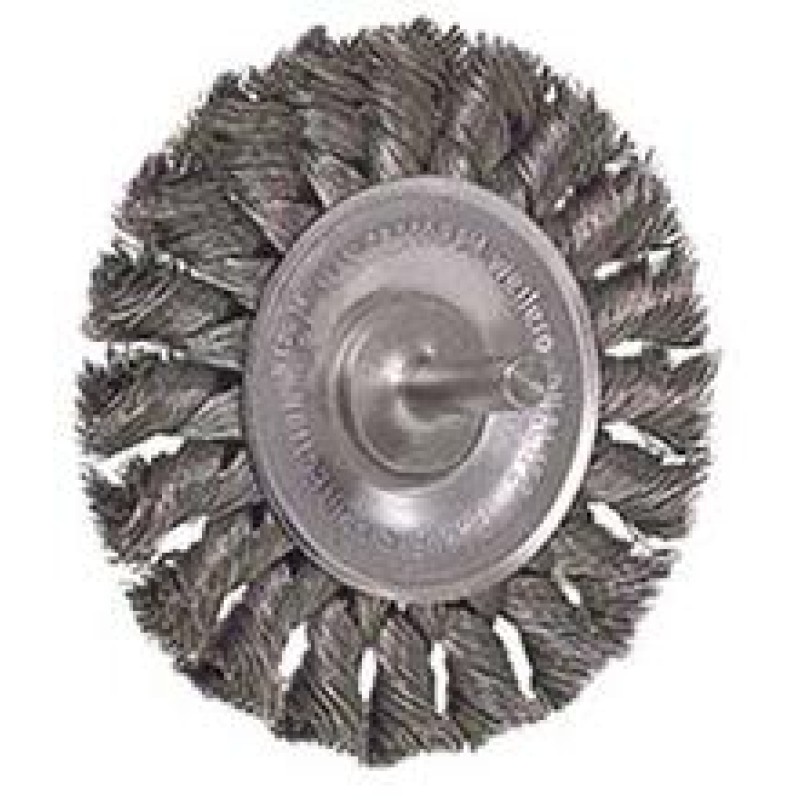 Wire Wheel 3-1/4" Diameter x 3/8" Wide with 1/4" Shank 0.014 Gauge Stem-Mounted Knotted