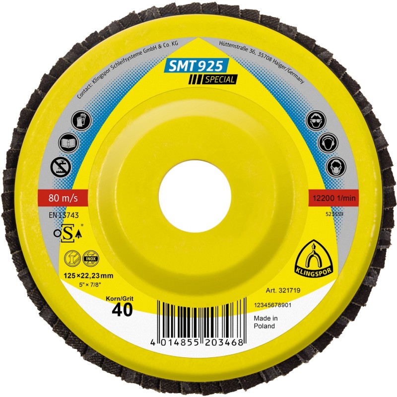 Flap Disc 5" Diameter 7/8" Arbour Hole SMT925 40 Grit Klingspor 321719