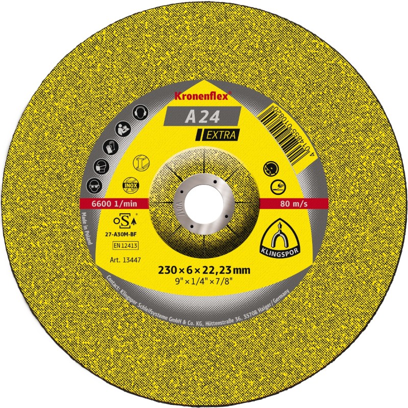 Grinding Disc Type 27 (Depressed Center) 9" x 1/4" x 7/8" A24EX for General Purpose Klingspor 13447