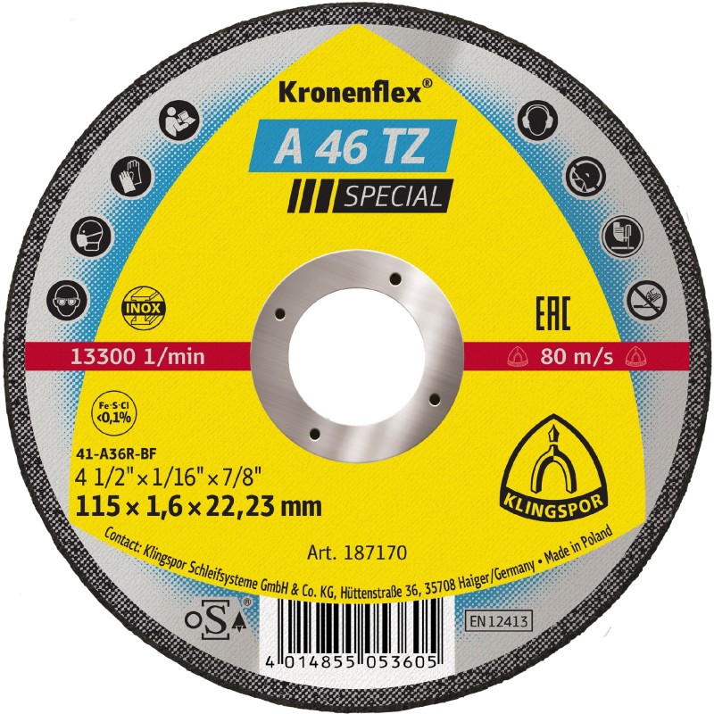 Cut Off Type 1 (Flat) 4-1/2 x 1/16(1.6mm) x 7/8 A46TZ for Steel & Stainless Steel Klingspor 187170