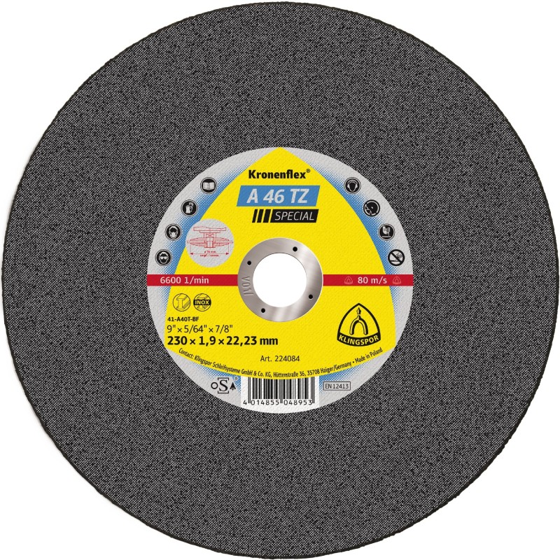 Cut Off Type 1 (Flat) 9 x 5/64 x 7/8 A46TZ for Steel & Stainless Klingspor 224084