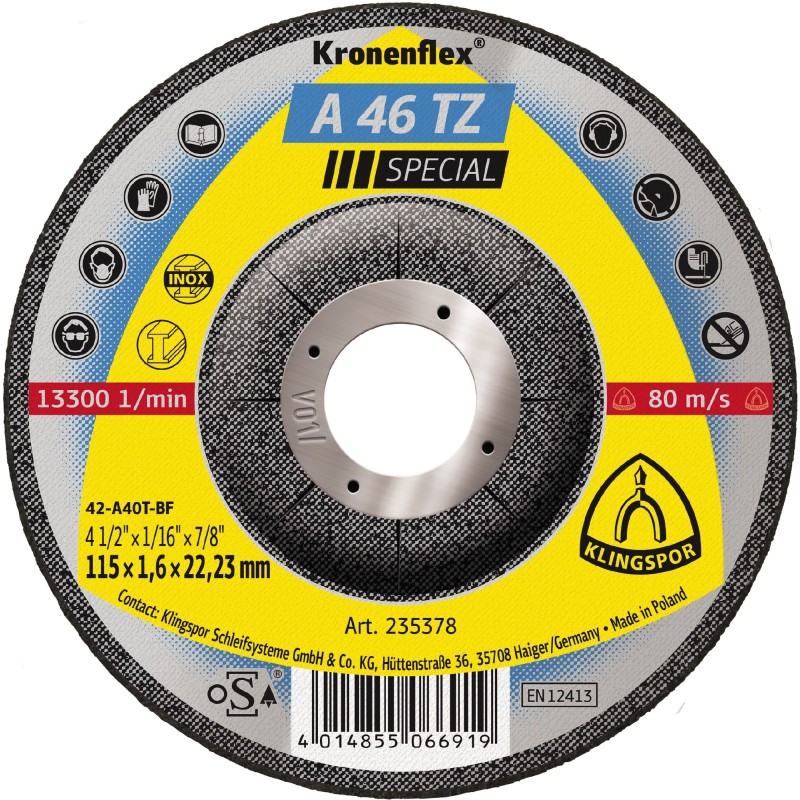 Cut Off Type 27 (Depressed Center) 4-1/2 x 1/16(1.6) x 7/8 A46TZ for Steel & Stainless Steel Klingspor 235378