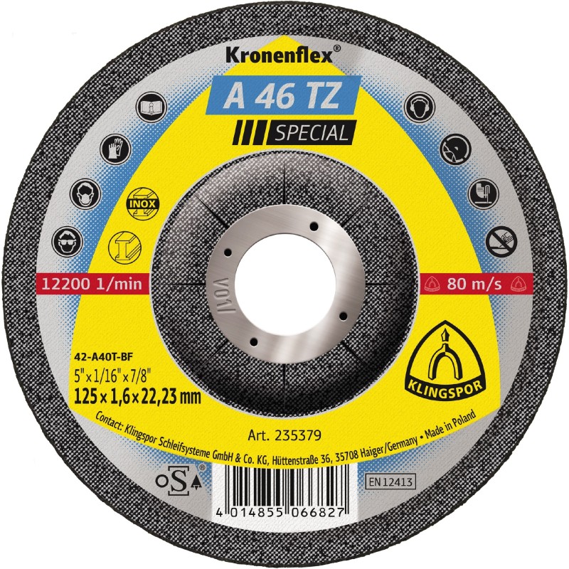 Cut Off Type 27 (Depressed Center) 5 x 1/16(1.6mm) x 7/8 A46TZ for Steel & Stainless Steel Klingspor 235379