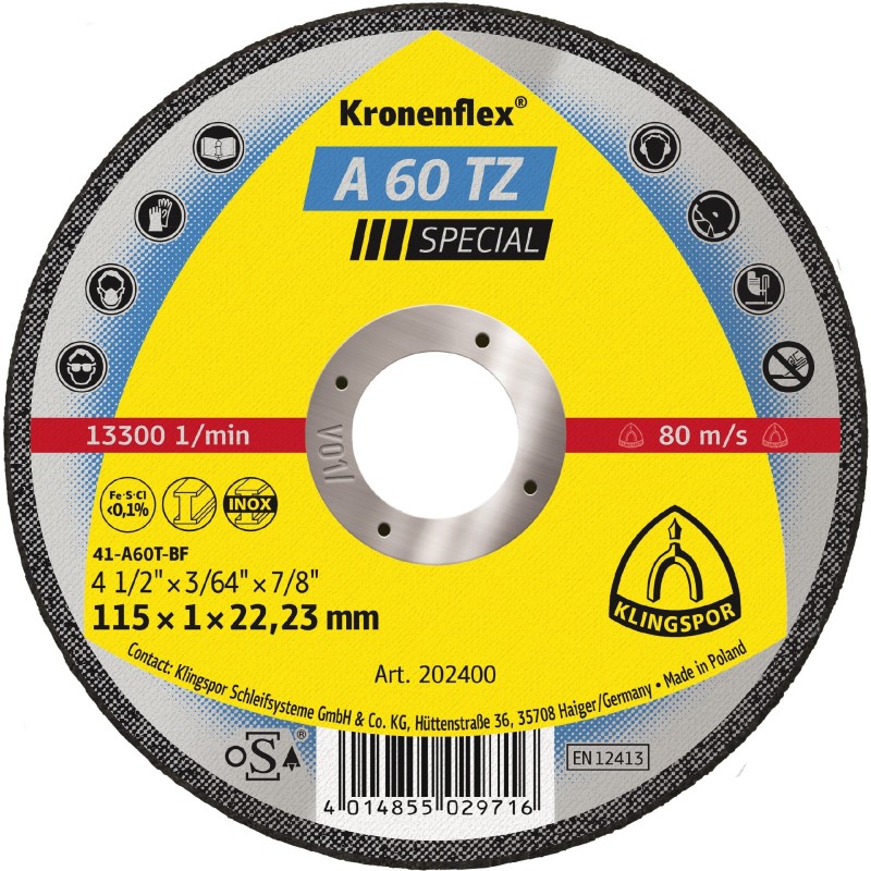 Cut Off Flat 4-1/2 x .040(1/32) x 7/8 A60tz Klingspor 202400