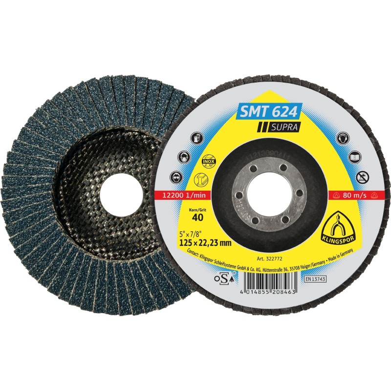 Flap Disc 4-1/2" Diameter 7/8" Arbour Hole SMT624 36 Grit Klingspor 322764