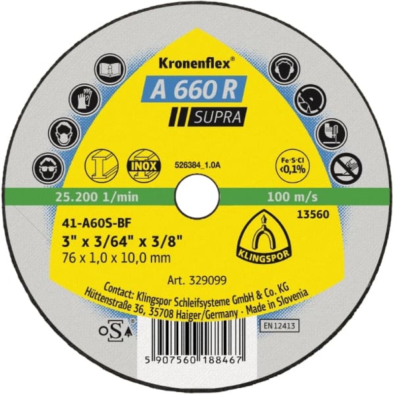 Cut Off Wheel 3" X 1/16" X 3/8 A660r for Steel Klingspor 368877