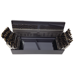 Drill Set 115 Piece 1/16 to 1/2 by 64ths, A to Z and #1 to #60 Jobber Length High Speed Steel Black & Gold Made In U.S.A.