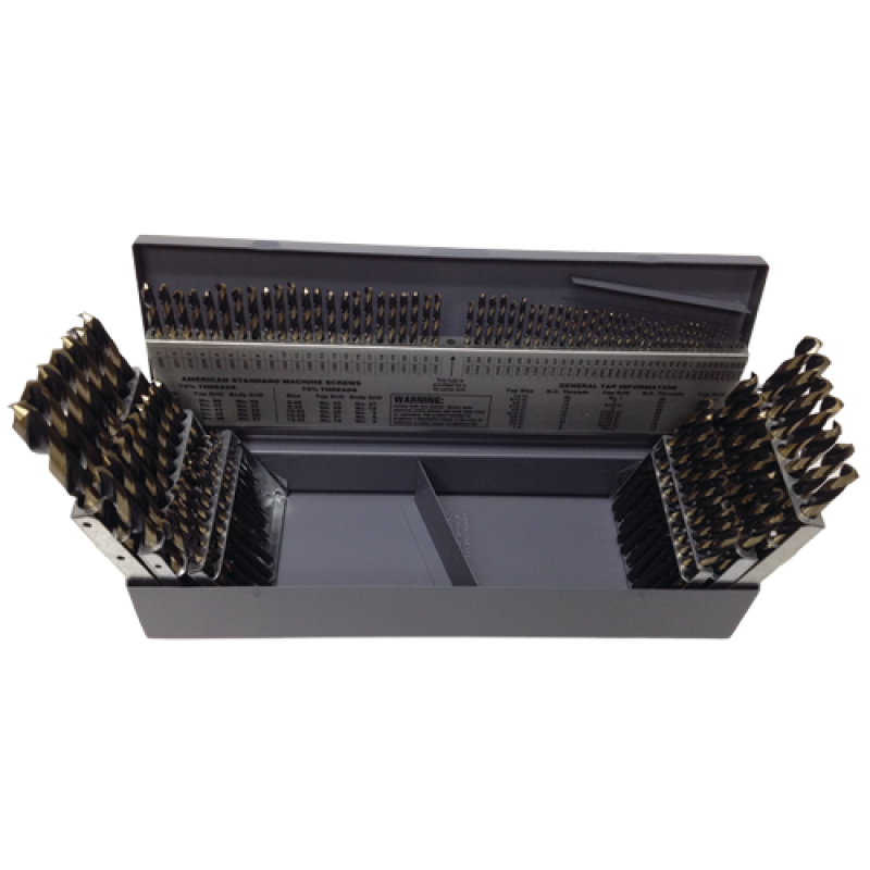 Drill Set 115 Piece 1/16 to 1/2 by 64ths, A to Z and #1 to #60 Jobber Length High Speed Steel Black & Gold Made In U.S.A.