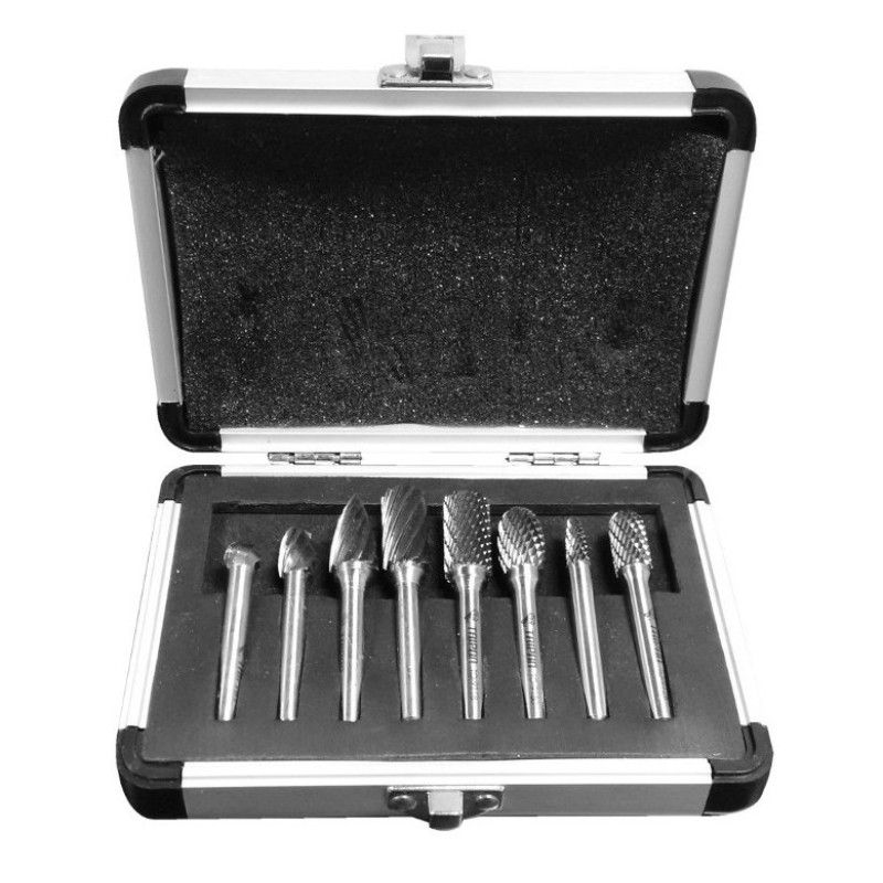 Carbide Burr Set with Aluminum Case 8 Piece for Aluminum 1/2" Diameter 1/4" Shank