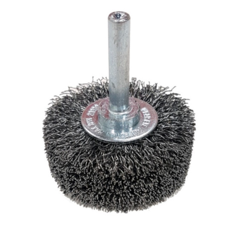 Original Mounted Crimped Wire Brush - Mild-Steel - 1-3/8" x 1/4" Shank - 20,000 rpm - Clamshell Pkg