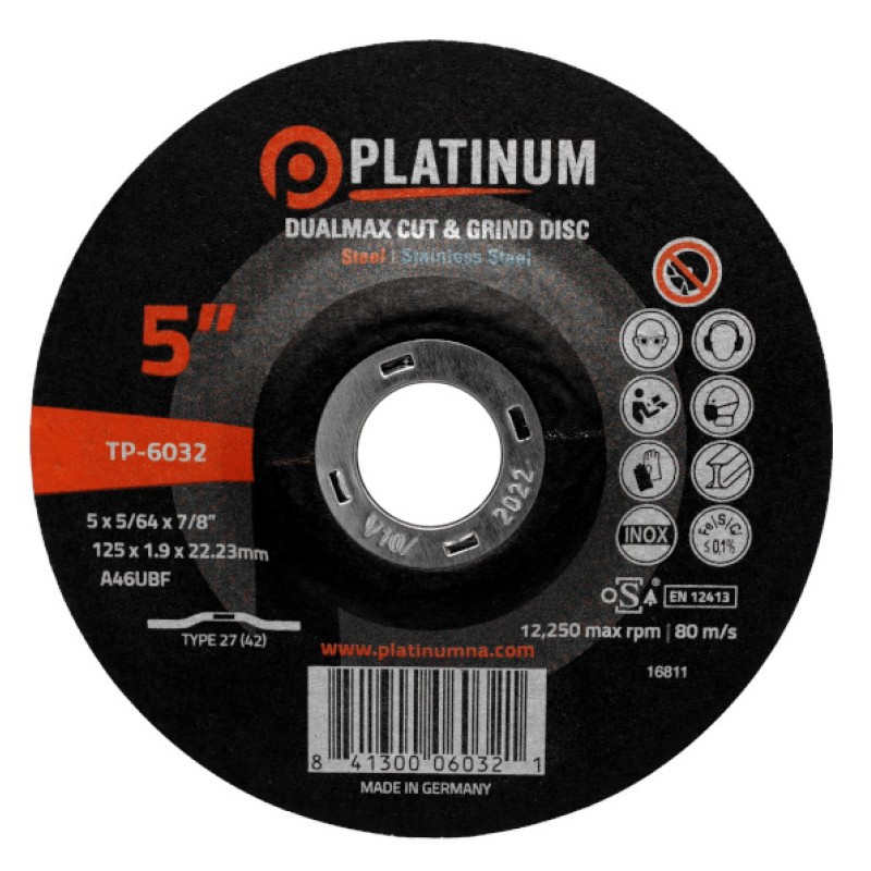 Dualmax Cut & Grind Disc - Type 27 - Steel/SS - A46UBF - 4-1/2" x 5/64" x 7/8" - 13,300 rpm