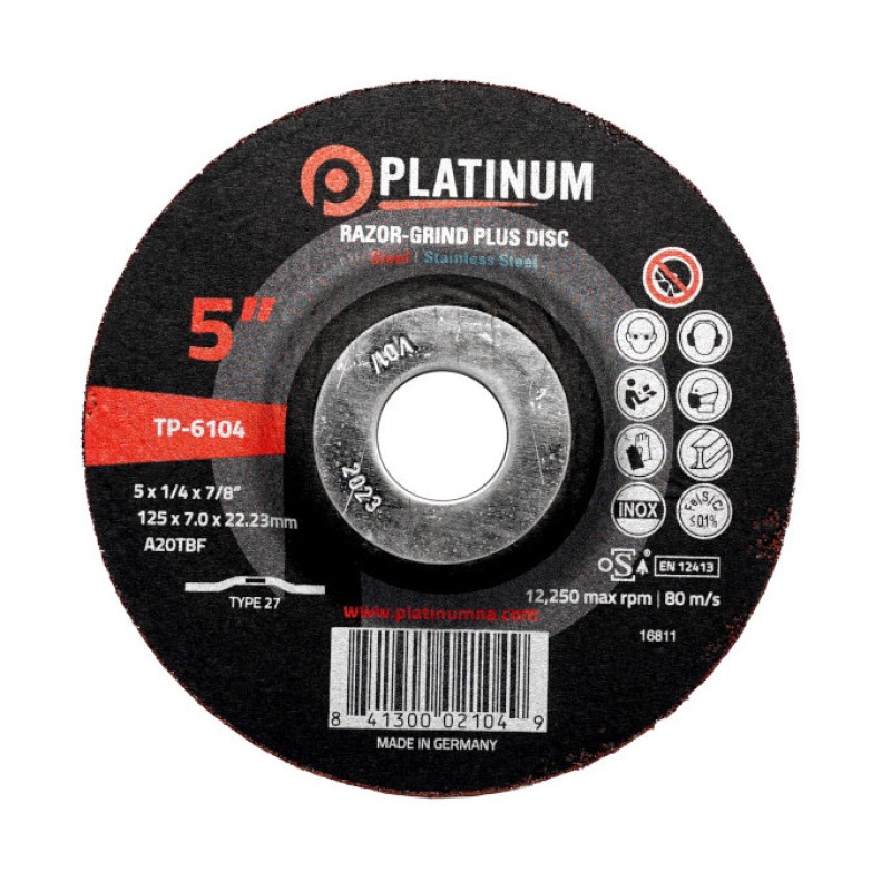 Razor-Grind Plus Discs - Type 27 - Steel/SS - A20TBF - 4-1/2" x 1/4" x 7/8" - 13,300 rpm