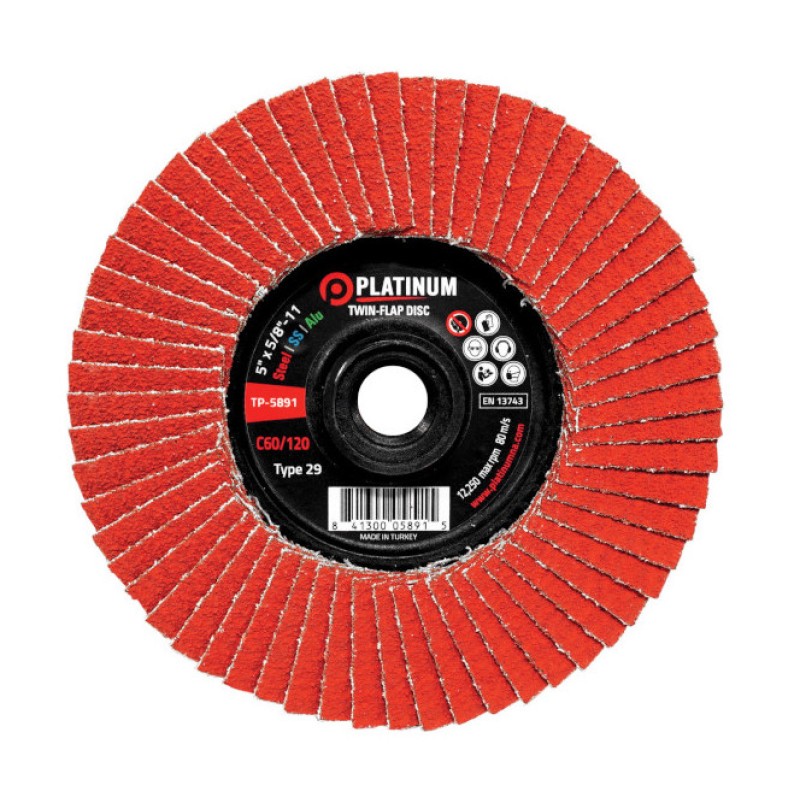 Twin-Flap Disc - Type 29 - Steel/SS/ALU - Ceramic - 5" x 5/8"-11 - 40/40 Grit - 12,250 rpm