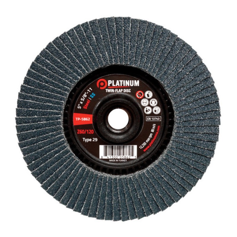 Twin-Flap Disc - Type 29 - Steel/SS - Zirconia - 5" x 5/8"-11 - 40/60 Grit - 12,250 rpm