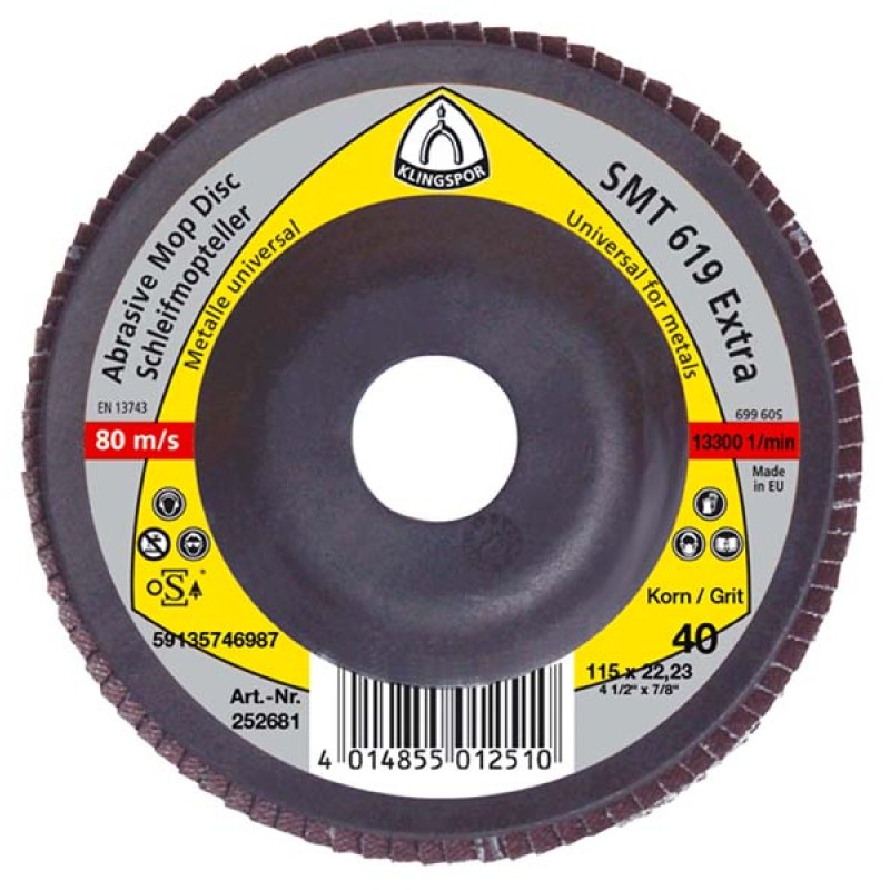 Flap Disc 4-1/2" Diameter 7/8" Arbour Hole SMT325 40 Grit (Flat) Klingspor 321653