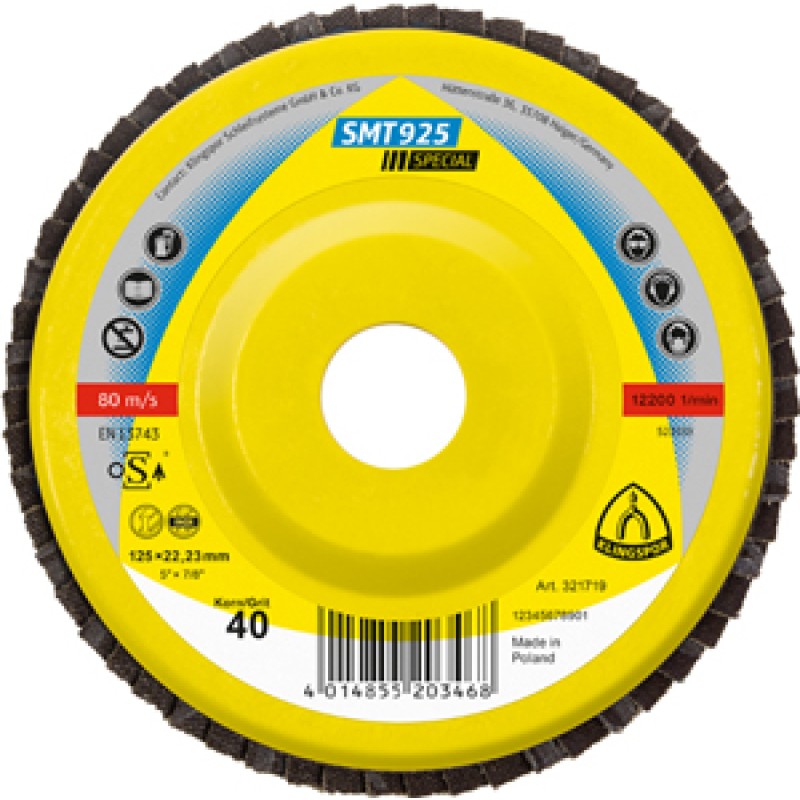 Flap Disc 4-1/2" Diameter 7/8" Arbour Hole SMT925 40 Grit Klingspor 321714