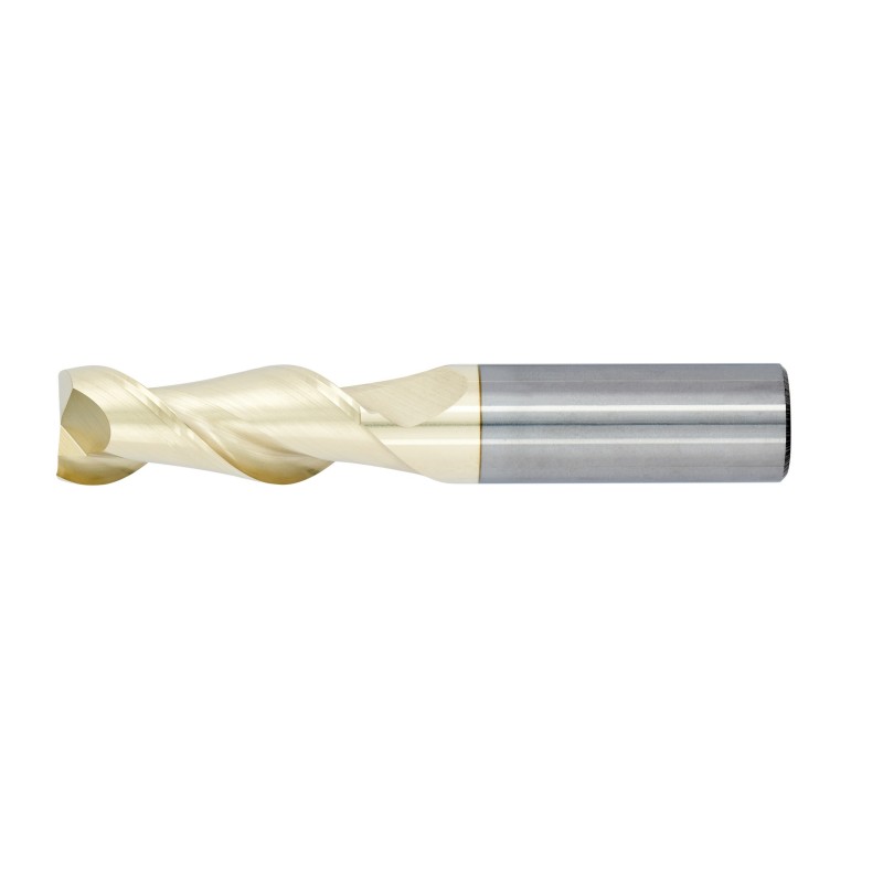 3/16" Diameter 2 Flute 5/8" Cut 2" Length 3/16" Round Shank 45DEG Helix Single End .060 Corner Radius ZrN