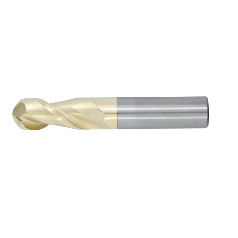 3/16" Diameter 2 Flute 5/8" Cut 2" Length 3/16" Round Shank 45DEG Helix Single End Ball Nose ZrN
