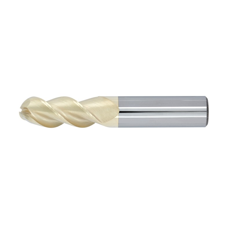 3/16" Diameter 3 Flute 5/8" Cut 2" Length 3/16" Round Shank 45DEG Helix Single End Ball Nose ZrN
