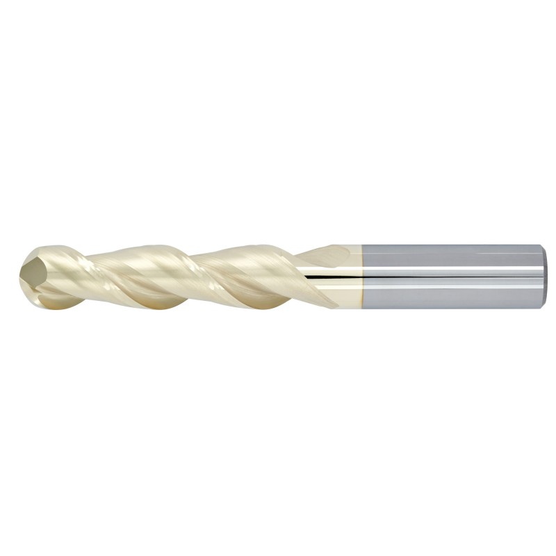 3/16" Diameter 2 Flute 3/4" Cut 2-1/2" Length 3/16" Round Shank 45DEG Helix Single End Ball Nose ZrN