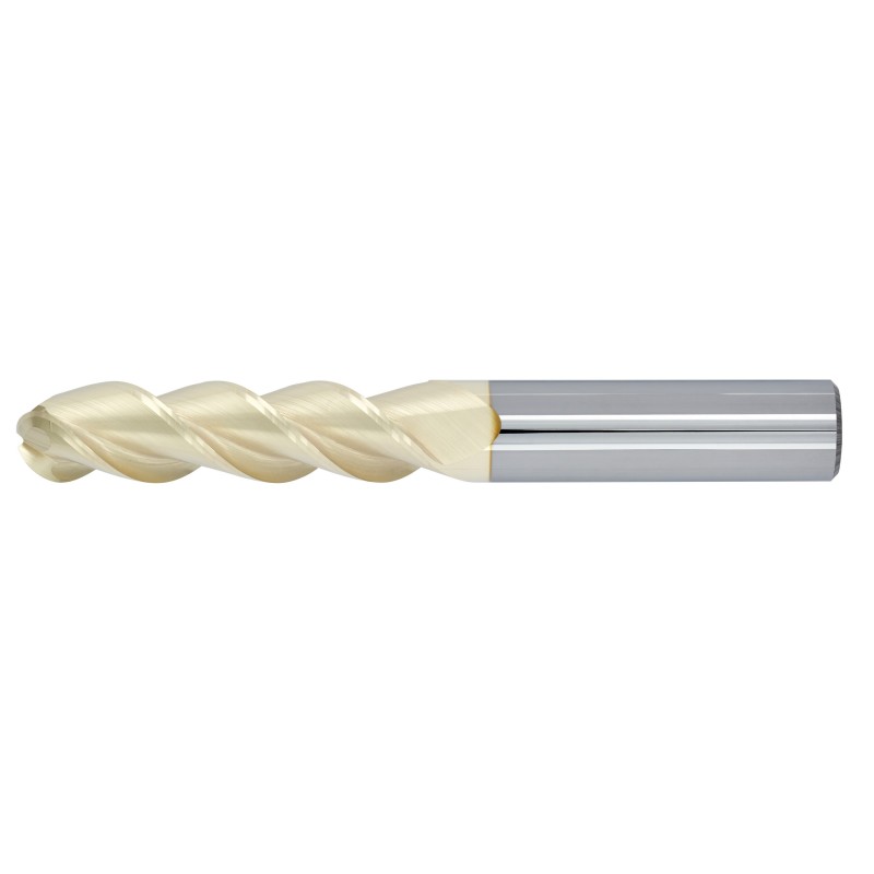 3/16" Diameter 3 Flute 3/4" Cut 2-1/2" Length 3/16" Round Shank 45DEG Helix Single End Ball Nose ZrN