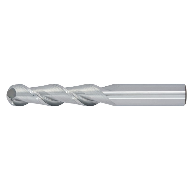 3/8" Diameter 2 Flute 1-1/8" Cut 3" Length 3/8" Round Shank 45DEG Helix Single End Ball Nose Uncoated