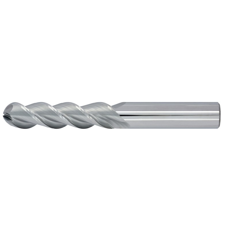 1/2" Diameter 3 Flute 2" Cut 4" Length 1/2" Round Shank 45DEG Helix Single End Ball Nose Uncoated