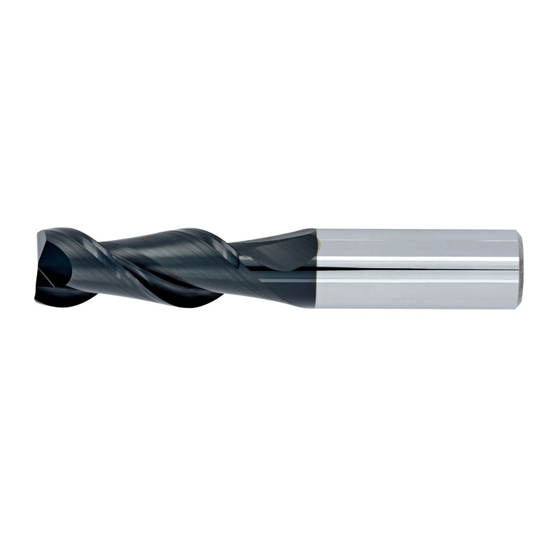 1/2" Diameter 2 Flute 1-1/4" Cut 3" Length 1/2" Round Shank 45DEG Helix Single End .030 Corner Radius DLC