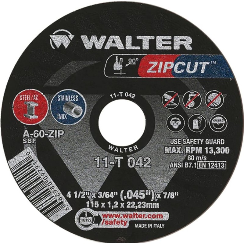 Cut Off Wheel Type 1 (Flat) 4-1/2" X 3/64" X 7/8 A-60-ZIP Walter 11T042