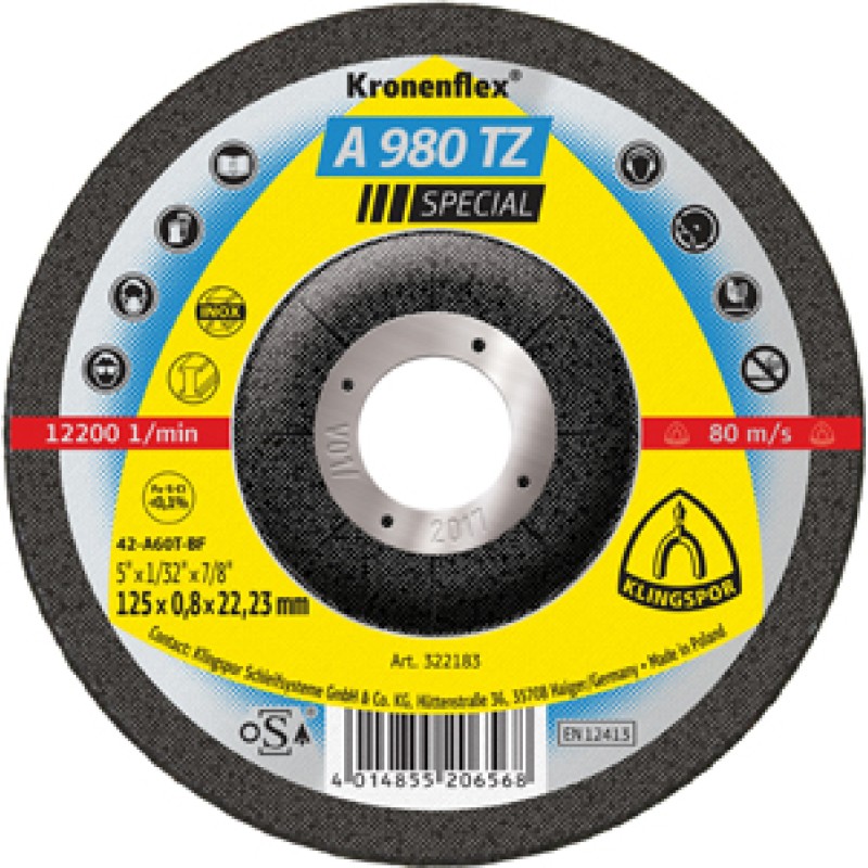 Cut Off Type 27 (Depressed Center) 4-1/2 x 1/32(0.8mm) x 7/8 A980TZ Extra Thin Klingspor 322182
